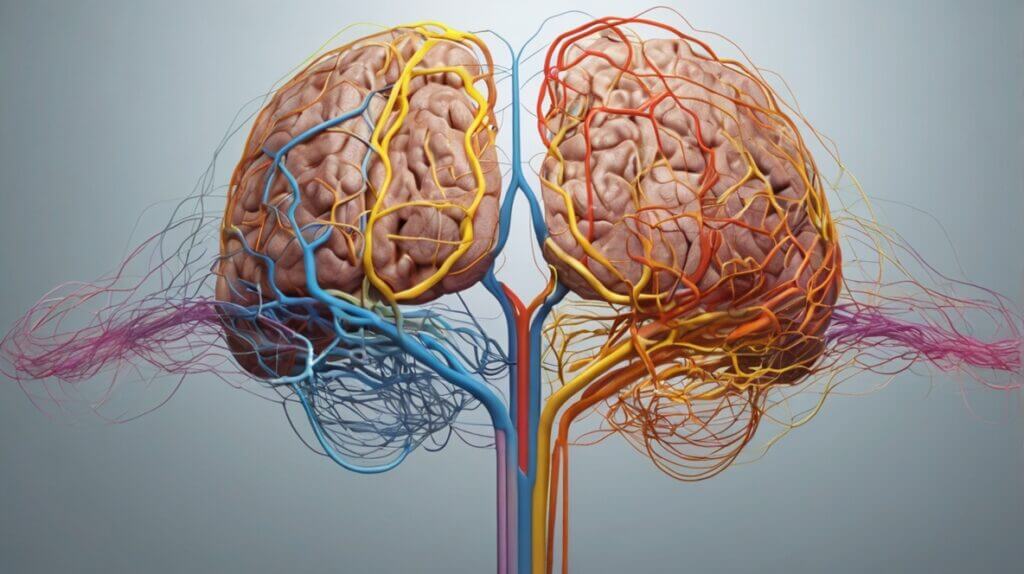 Brain activity visualization showing neural pathways and brain regions associated with mindfulness, perception, and self-awareness.