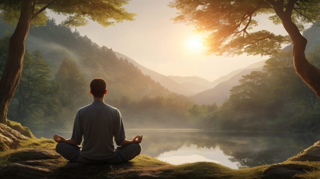 Person meditating in a peaceful natural setting, embodying mindfulness and spiritual awakening.