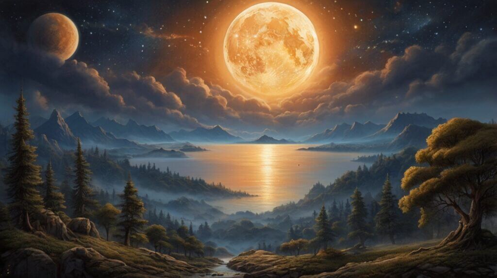 Vast, serene landscape symbolizing oneness with the universe, featuring a peaceful ocean and starry night sky.